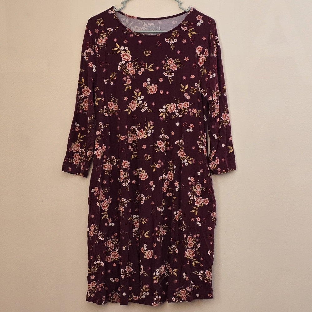 Time and True Women's Large Floral Burgundy Dress with Pockets